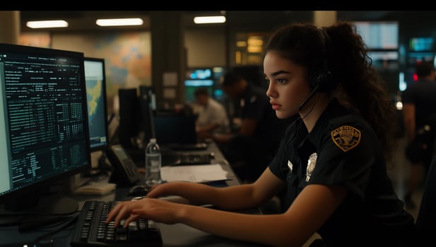 Young woman officer works at dispatch photo