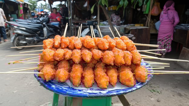 Golden Fried Snacks on Wooden Skewers at Market photo