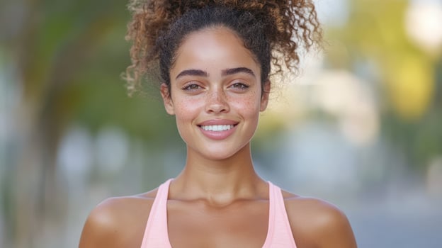 young woman with curly hair smiles brightly, showcasing her confidence and joy outdoor setting photo