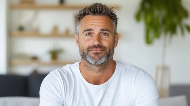 A man with a beard and white shirt sitting on a couch photo