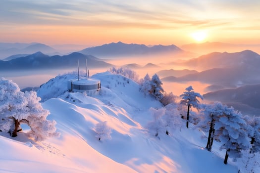 Sunrise illuminating snowy mountaintop with weather station and frozen trees photo