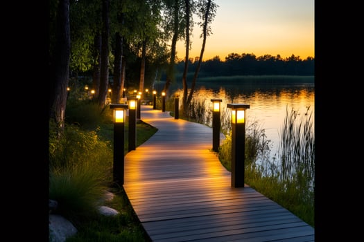 Illuminated wooden walkway by the lake at sunset photo