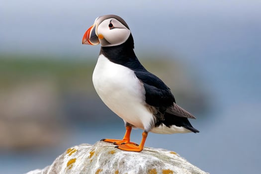 Puffin standing on a rock near the ocean photo