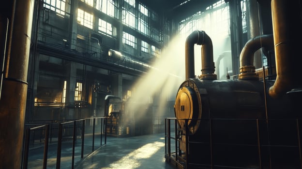 Sunlit Industrial Steam Engine in a Historic Factory photo