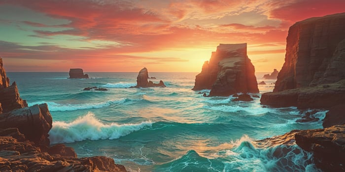 A beautiful sunset over the ocean with rocks and waves photo