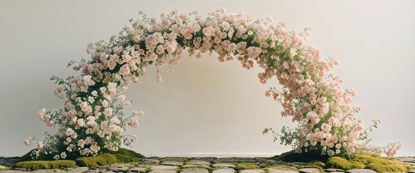 A still shot of a floral arch stretching over a cobblestone pathway photo