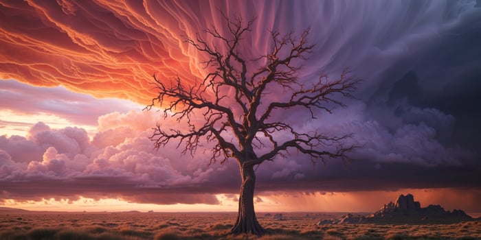 A tree stands in front of a stormy sky photo