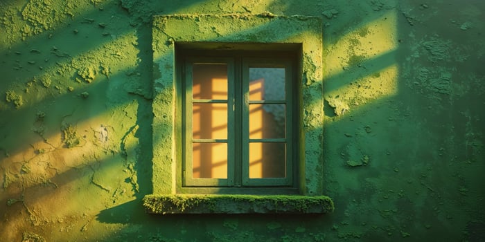A green wall with a window and a green door photo