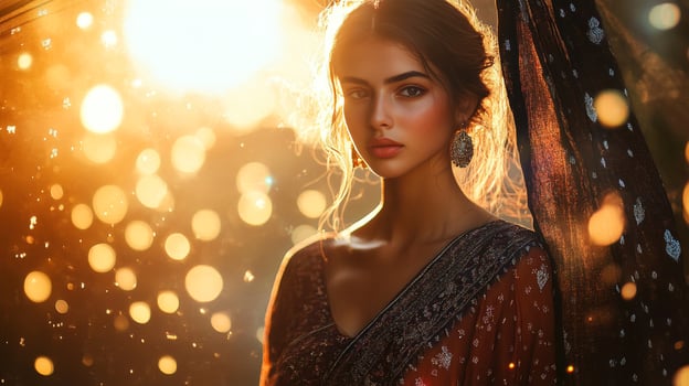 Radiant Indian Woman in Saree, Golden Light photo