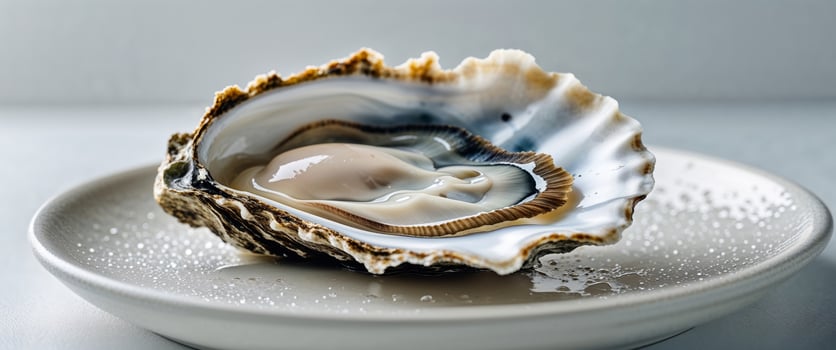 A white shell with an open oyster on top photo