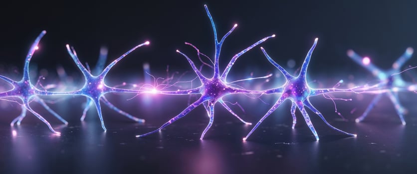 Neuron synapses transmit electrical signals with glowing energy. photo