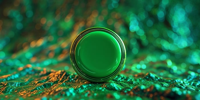 Green Circular Button on Textured Deep Green Background Surface photo
