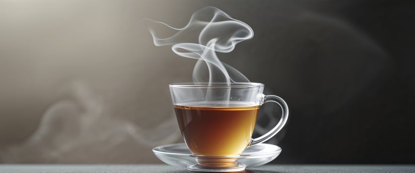 Hot Tea in Glass Cup with Steam Rising on Dark Background. photo