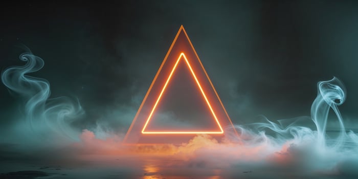 Glowing Orange Neon Triangle in Dark Smoky Background photo