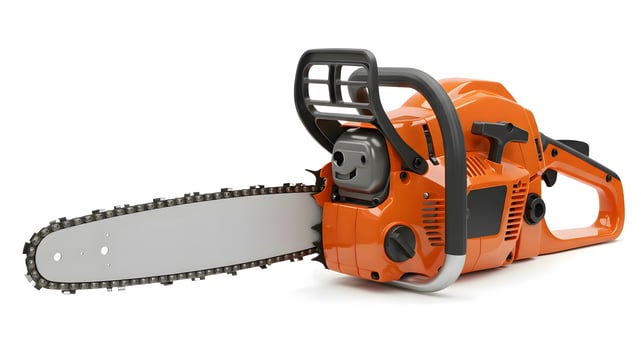 A chainsaw is shown on a white background photo