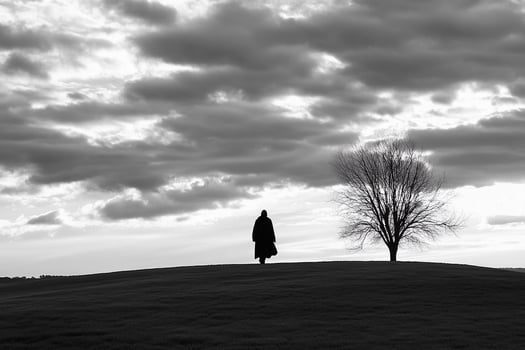 A lone tree stands on a hill under a cloudy sky photo
