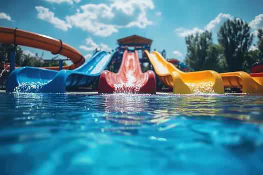Close up of empty water slides with clear blue water in swimming pool. photo