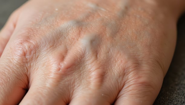 A close up of a human hand, showing the lines, wrinkles, and texture of the skin. photo
