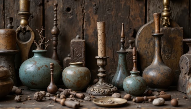 A still life of antique objects, displaying their age, patina, and historical significance. photo
