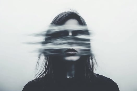 A woman with her face blurred by the wind photo