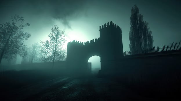 Mysterious Stone Archway in Foggy Landscape photo