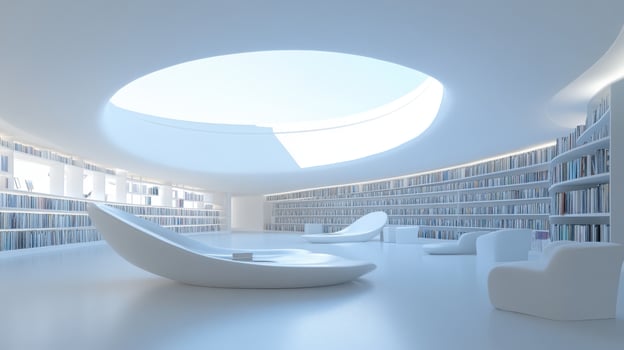 Modern White Library Interior Design With Circular Bookcases photo