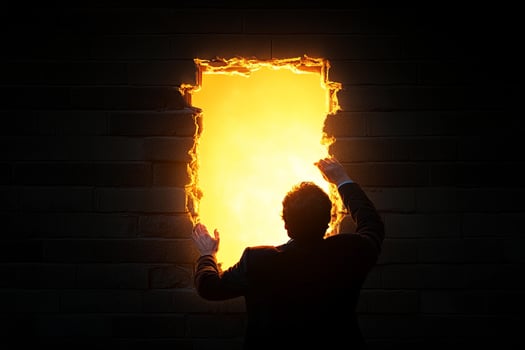 A man in a suit is standing in front of a hole in a brick wall photo