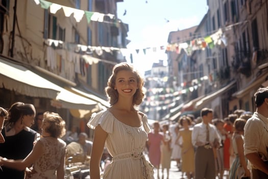 A woman in a white dress is standing in a crowded street photo
