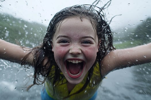 A young girl is splashing in the rain photo