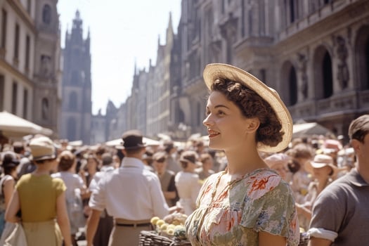 A woman in a hat and dress stands in a crowded city photo