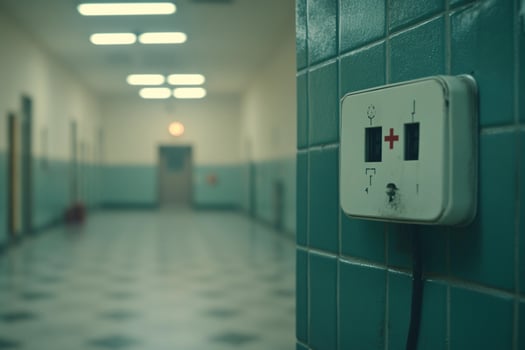 A hallway with a light switch and a wall photo