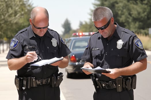 Two police officers standing on the side of the road photo