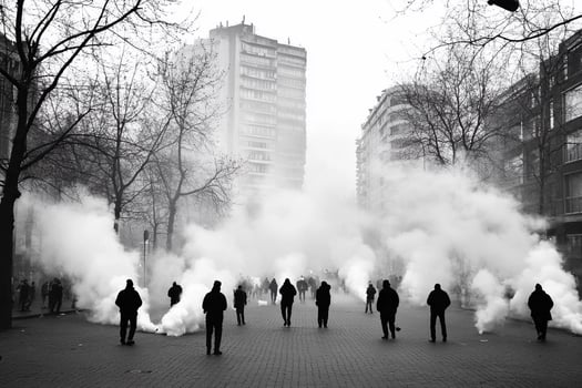 A group of people standing in a city with smoke coming out of their mouths photo