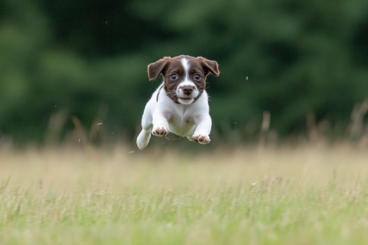 A small brown and white dog is jumping through the air photo
