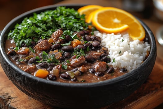 Brazilian feijoada, a hearty black bean stew with pork, served with white rice, collard greens, and orange slices, placed on a rustic wooden table with bright natural lighting photo