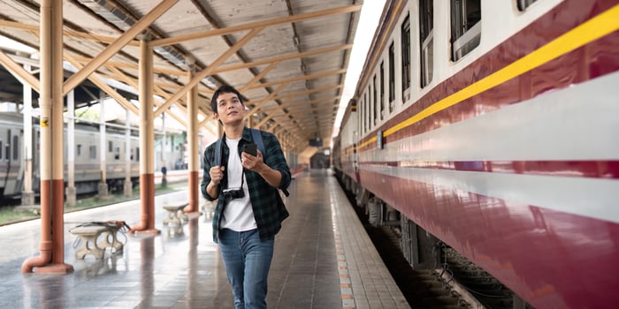 Travel and Rail Adventure. A traveler eagerly explores the train station, ready for an exciting journey. photo