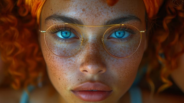 A close up of a woman with freckles and glasses photo
