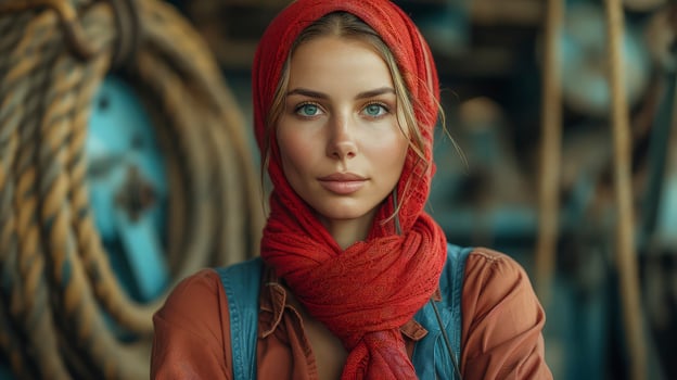 A beautiful woman in a red scarf and blue shirt photo