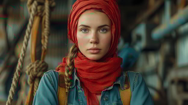 A woman wearing a red scarf and denim jacket photo