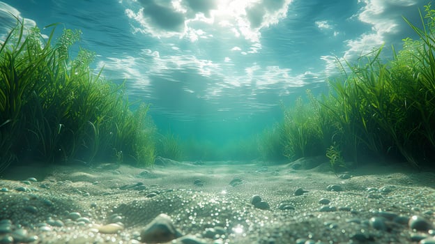 A view of the ocean with grass and rocks photo
