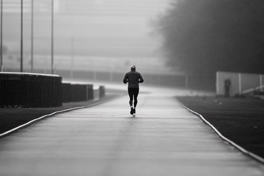 A man is running down a road in the rain photo