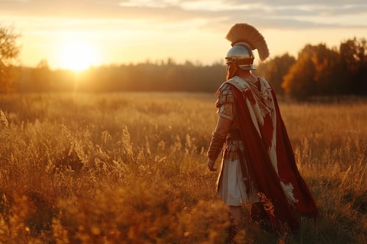 A man in a roman soldier costume stands in a field at sunset photo