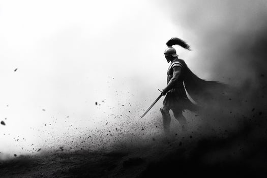 A man in a spartan costume is walking through a cloud of smoke photo
