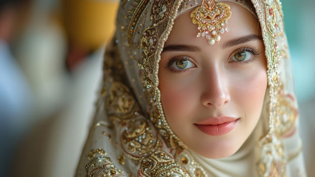 A beautiful woman wearing a headscarf and gold jewelry photo