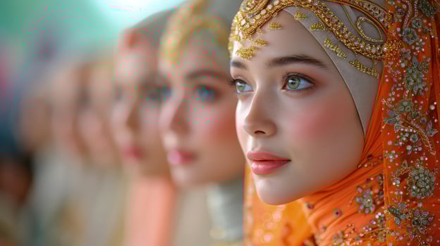 Beautiful muslim women wearing orange headscarves photo