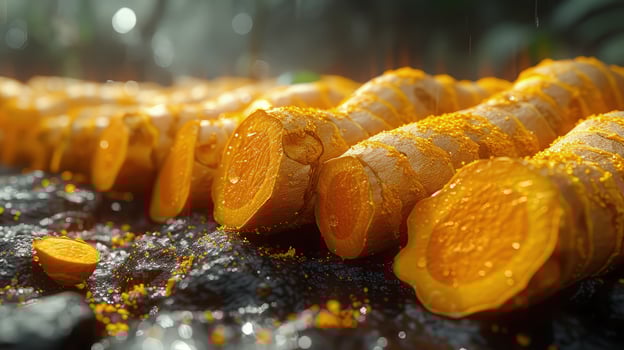 Raw Turmeric Roots with Bright Orange Skin and Knobs photo