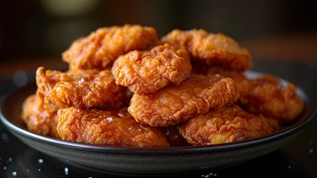 Golden Brown Chicken Wings Served on Dark Plate Close Up photo