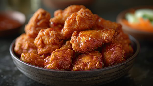 Golden Crispy Fried Chicken Wings in Bowl Close Up photo