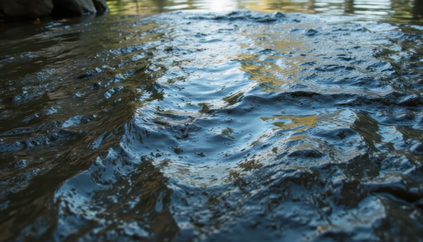 The surface of a flowing river, capturing the motion and reflections of the surrounding trees. photo