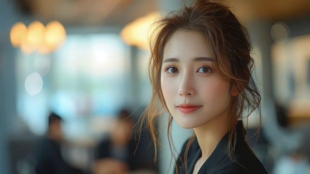 A woman with a black shirt and black blazer photo